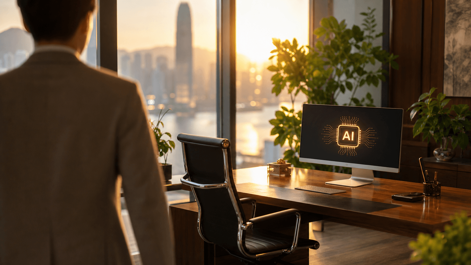 A bright, plant-filled modern office where a returning employee is welcomed back to a desk that still has a glowing 'AI' screen beside it — the human rebalanced in alongside the machine after an over-rotated automation.